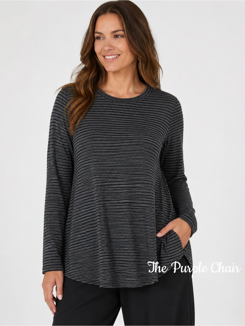 EILEEN FISHER Gray/Black Striped Long Sleeve Tencel Tunic
